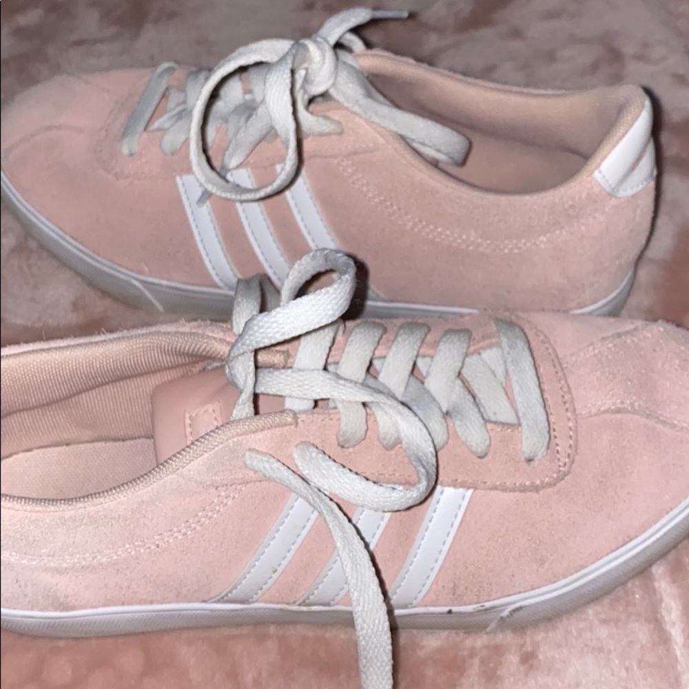 Pink suede adidas three stripe shoes NWOT